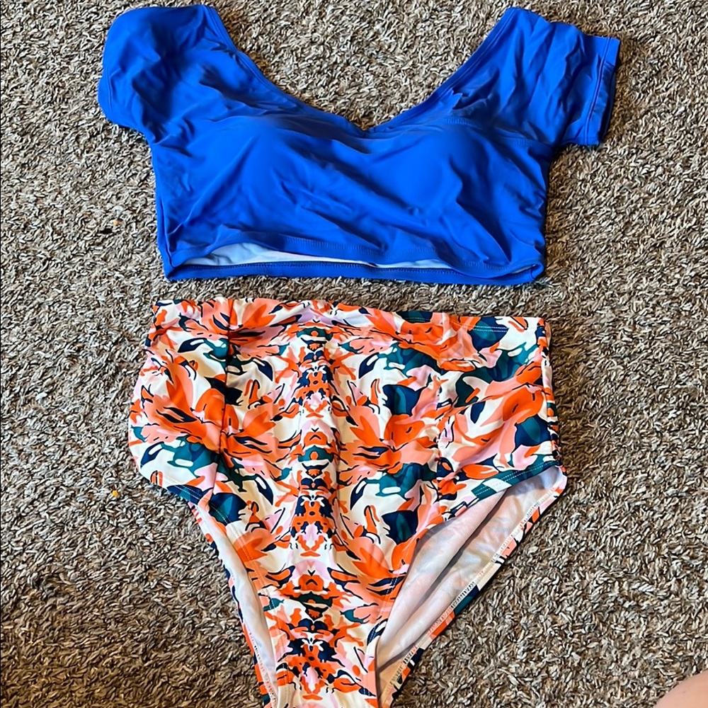 Maternity Blue and Floral Two-Piece Swimsuit